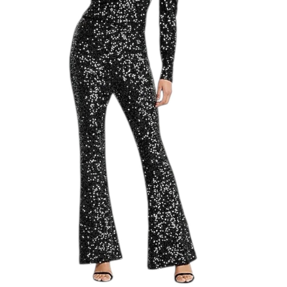 Express Super High Waisted Sequin Flare Pant Black Size Small - Picture 3 of 10